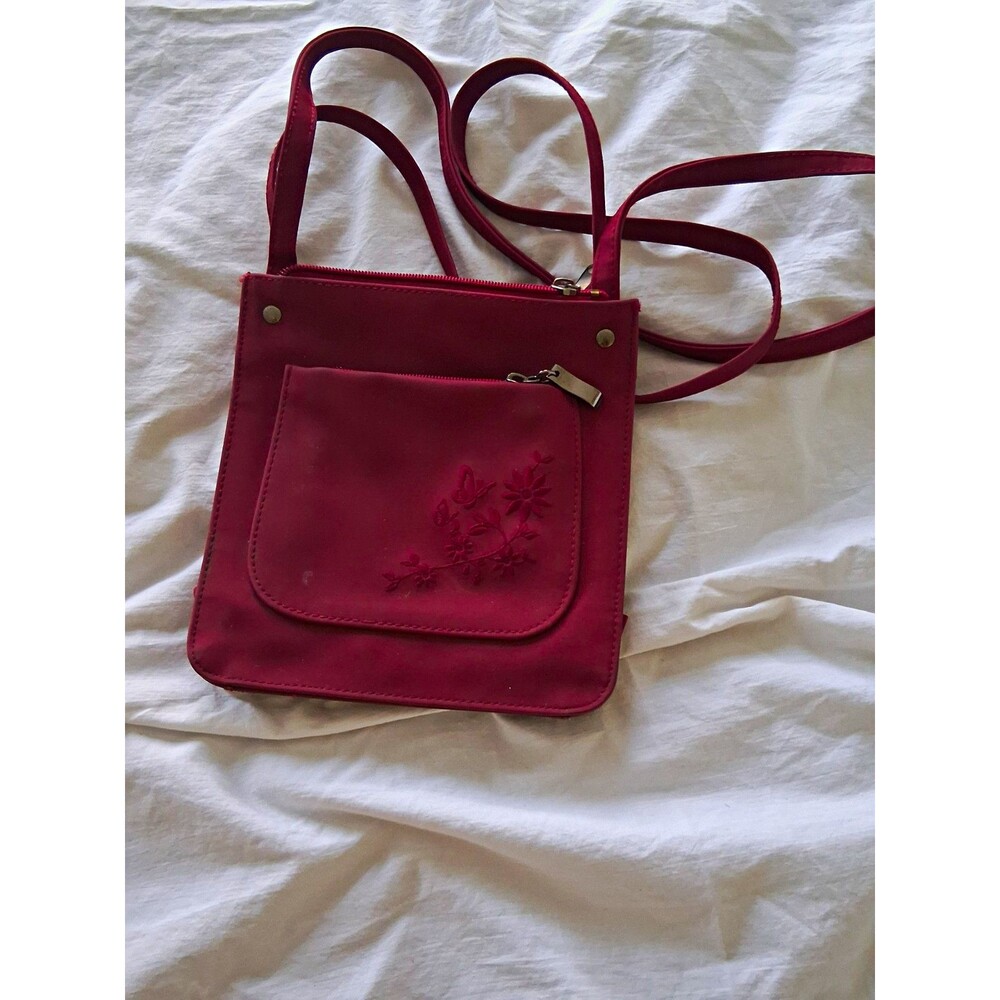 Burgundy Small Crossbody Bag Floral Embroidery Butterfly Zip, Detachable Strap